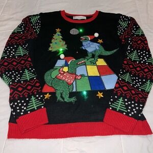Jolly Sweaters Black Disco T-Rex Dinosaur Ugly L Christmas Sweater Blink Lights